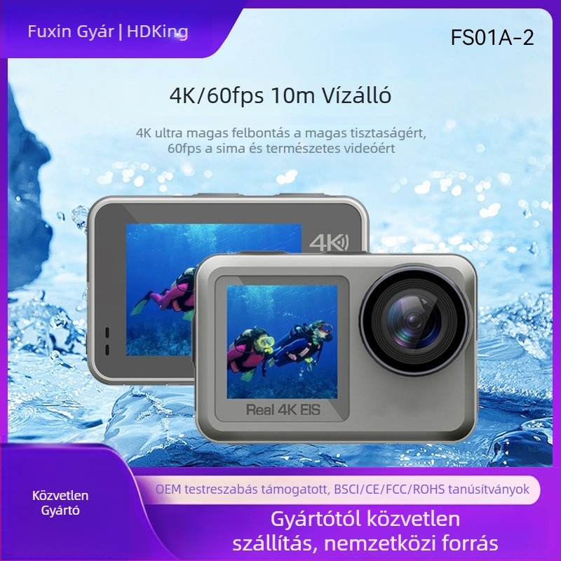 HDking FS01A-2 Akciókamera: 4K60fps, Wi‑Fi, Vízálló 30 m tokban, Kettős színű LCD-kijelző, Képstabilizálás