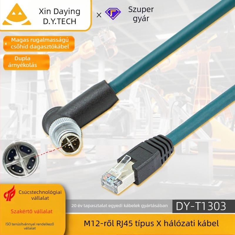 Ipari Ethernet-kábel M12-től RJ45-ig, X-Típus, 8-magos réz, Cat6
