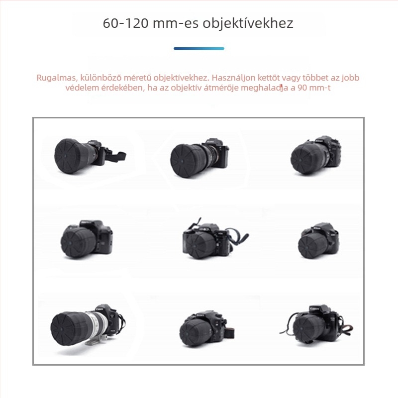 Szilikon objektívvédő kupak DSLR- és tükör nélküli kamerákhoz – univerzális, víz- és porálló; TH002 modell, kompatibilis 62–90 mm objektívekhez.
