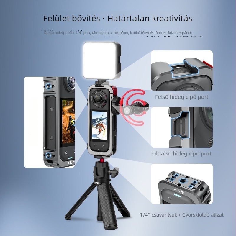 Insta360 X5 Rabbit Cage védőkeret – alumíniumötvözet + szilikon objektívvédő sapka, 63,5 g; tartalmazza: nyúlketrec keret, objektívvédő sapka és 4 szélvédő gyapot