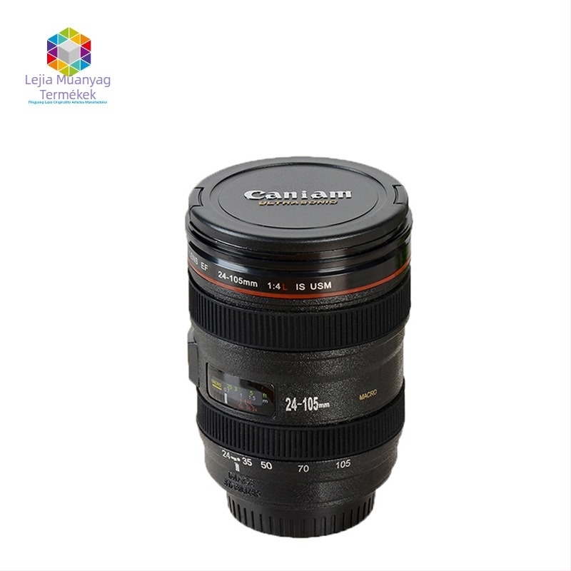 Műanyag kameraobjektív alakú kávés bögre fedővel, testreszabható, logó nyomtatva