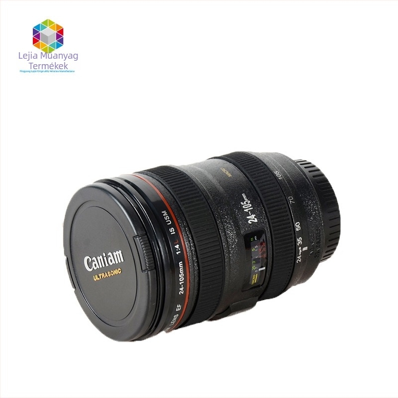 Műanyag kameraobjektív alakú kávés bögre fedővel, testreszabható, logó nyomtatva