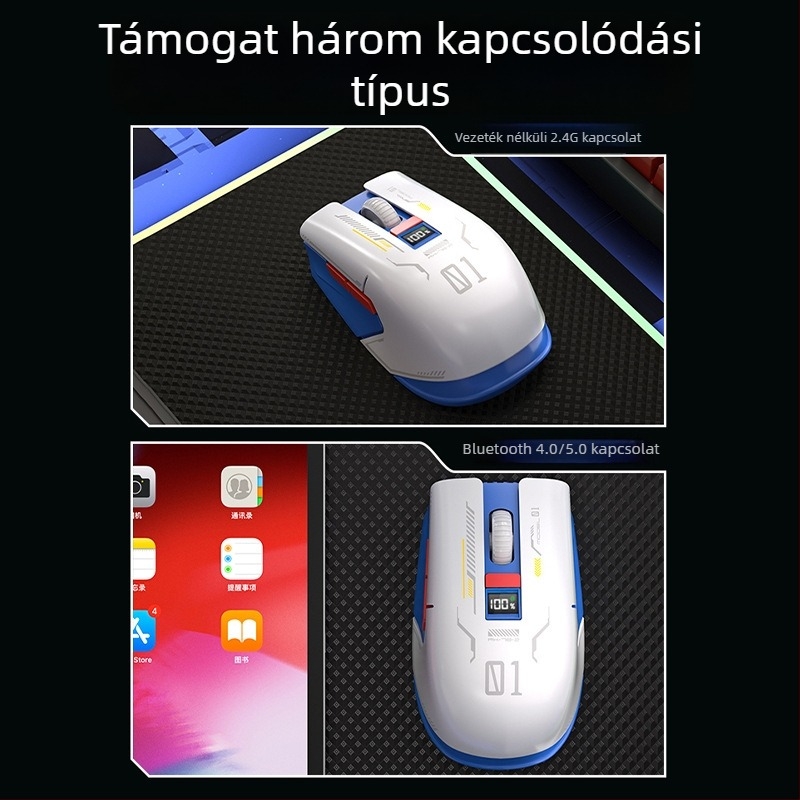 Vezeték nélküli Bluetooth gamer egér digitális kijelzővel, három mód DPI 800/1200/1600, Type-C töltés, 5 gomb, modell M1, fehér
