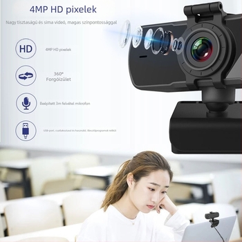 HD vezeték nélküli webkamera videokonferenciákhoz, autofókusz, beépített mikrofon, 2560x1440 felbontás, 25fps, USB 2.0