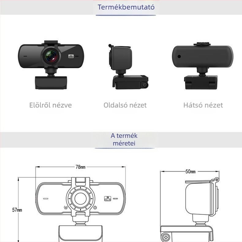 HD vezeték nélküli webkamera videokonferenciákhoz, autofókusz, beépített mikrofon, 2560x1440 felbontás, 25fps, USB 2.0