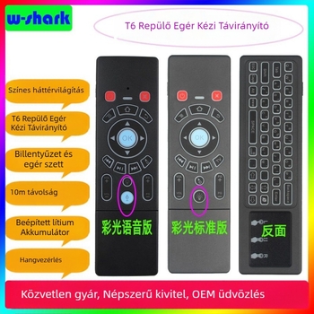 Vezeték nélküli kétoldalas billentyűzet és egér távirányító set‑top boxhoz, projektorhoz és intelligens televízióhoz — modell T6, USB interfész, 10 m hatótáv, tömeg 0,18 kg