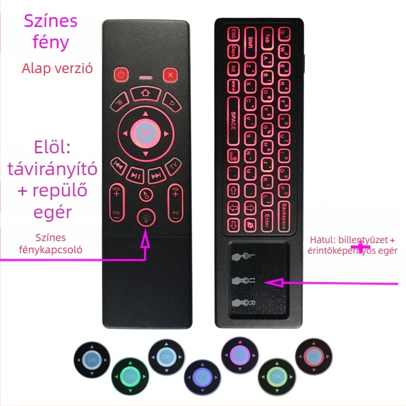 Vezeték nélküli kétoldalas billentyűzet és egér távirányító set‑top boxhoz, projektorhoz és intelligens televízióhoz — modell T6, USB interfész, 10 m hatótáv, tömeg 0,18 kg