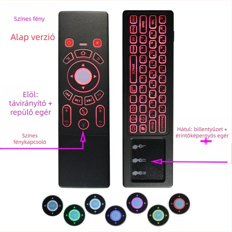 Vezeték nélküli kétoldalas billentyűzet és egér távirányító set‑top boxhoz, projektorhoz és intelligens televízióhoz — modell T6, USB interfész, 10 m hatótáv, tömeg 0,18 kg