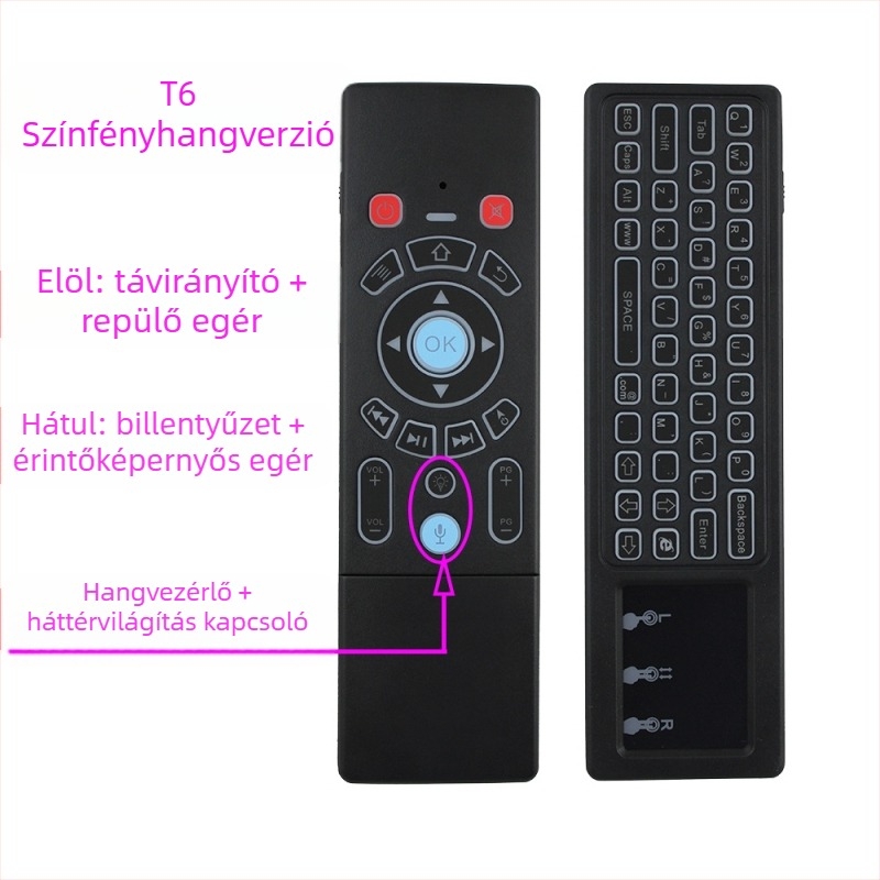 Vezeték nélküli kétoldalas billentyűzet és egér távirányító set‑top boxhoz, projektorhoz és intelligens televízióhoz — modell T6, USB interfész, 10 m hatótáv, tömeg 0,18 kg