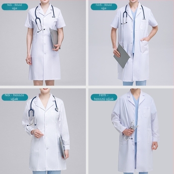 Uniszex laboratóriumi köpeny, 65/35 poliészter-pamut, nedvszívó, hosszú fazon, szabályos ujjak, gallér stílusú kosztüm