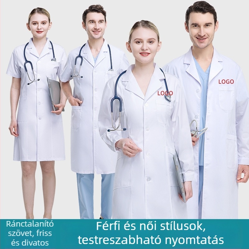 Uniszex laboratóriumi köpeny, 65/35 poliészter-pamut, nedvszívó, hosszú fazon, szabályos ujjak, gallér stílusú kosztüm
