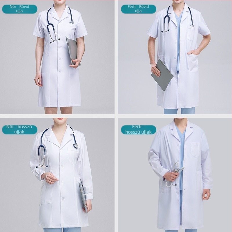 Uniszex laboratóriumi köpeny, 65/35 poliészter-pamut, nedvszívó, hosszú fazon, szabályos ujjak, gallér stílusú kosztüm