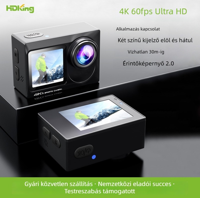 Sportkamera - 4K60, Wi-Fi, Kettős kijelző, Vízálló, SD akár 128GB-ig, ABS váz, 90 perc akkumulátoridő