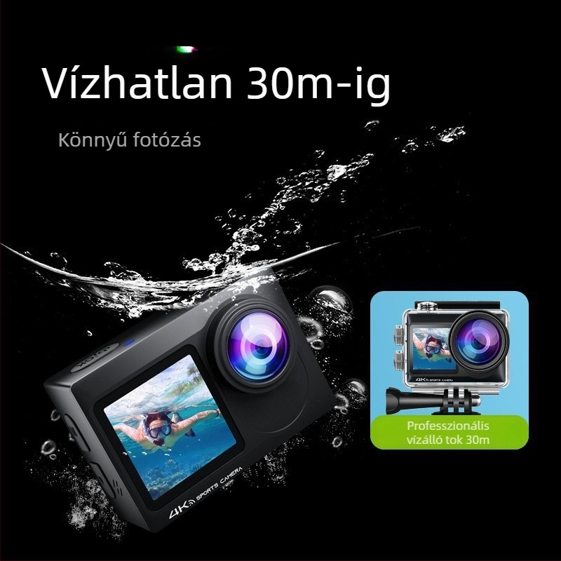 Sportkamera - 4K60, Wi-Fi, Kettős kijelző, Vízálló, SD akár 128GB-ig, ABS váz, 90 perc akkumulátoridő