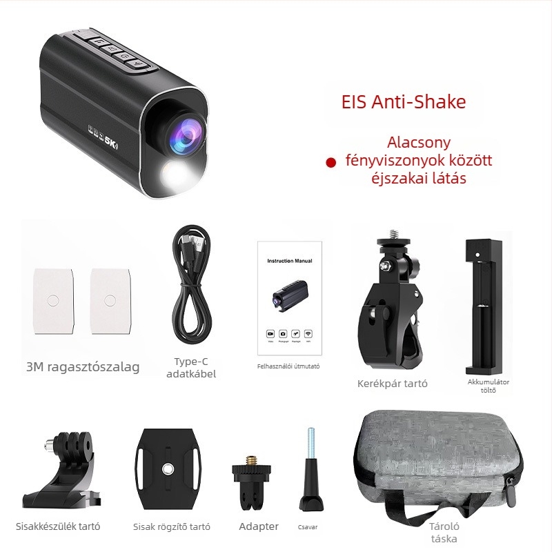 Motorkerékpár/kerékpár sisak akciókamera, 5K felbontás, Wi‑Fi, éjszakai látás, képstabilizáció