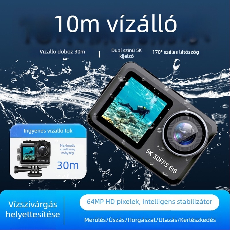 5K30fps akciókamera Wi‑Fi‑vel, két LCD kijelző, vízálló ház és TF‑kártya támogatás elektronikus képstabilizációval