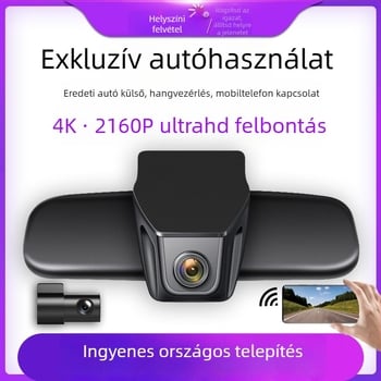 4K felbontású kettős lencsés autós DVR éjszakai látással, elöl és hátul felvétel, Wi‑Fi, tükrön való rögzítés