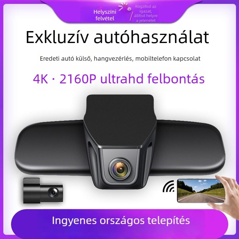 4K felbontású kettős lencsés autós DVR éjszakai látással, elöl és hátul felvétel, Wi‑Fi, tükrön való rögzítés