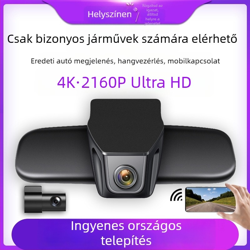 4K felbontású kettős lencsés autós DVR éjszakai látással, elöl és hátul felvétel, Wi‑Fi, tükrön való rögzítés