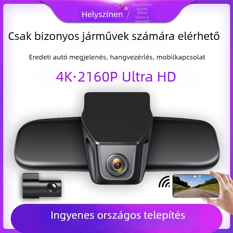 4K felbontású kettős lencsés autós DVR éjszakai látással, elöl és hátul felvétel, Wi‑Fi, tükrön való rögzítés