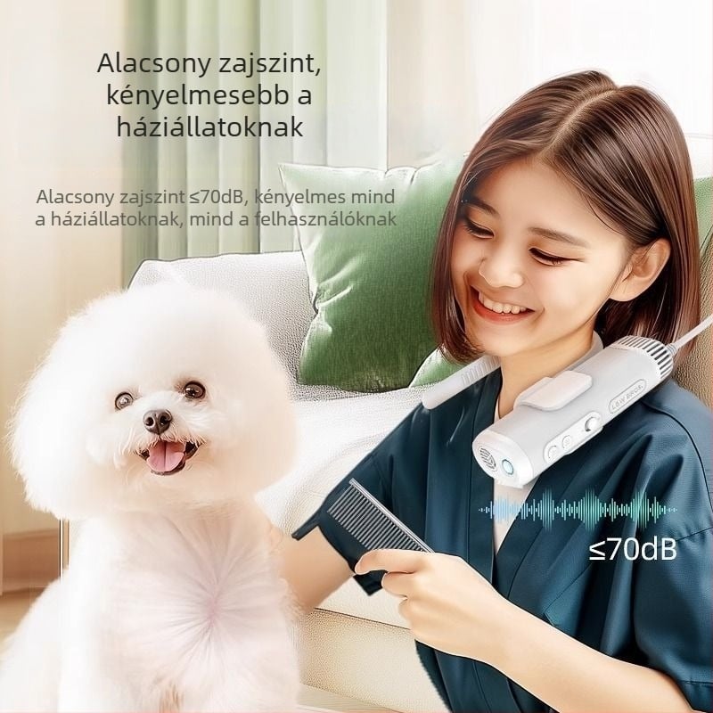 Állatgondozó hajszárító nagy teljesítménnyel és zajcsökkentéssel, nyakba akasztható tartóval, groominghoz, 220V, <1000W