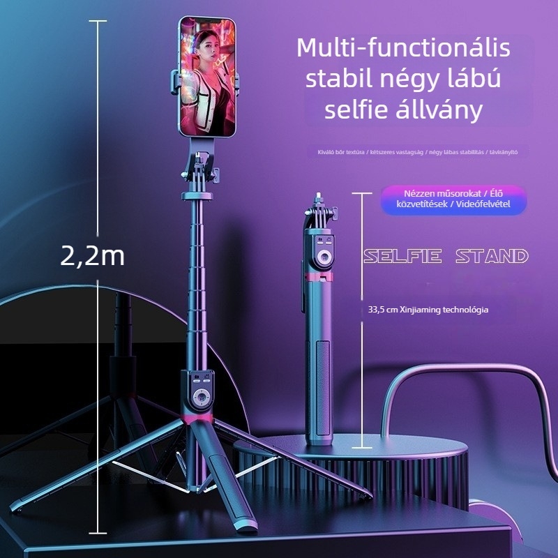 Szelfi bot rezgésmentes stabilizációval és teleszkópos kialakítással, telefonhoz állvány, Bluetooth távirányító és beépített LED világítás