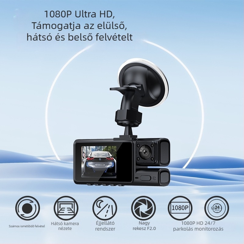4K autós DVR WiFi, 170° látómező, 24 órás tárolás, háromcsatornás felvétel