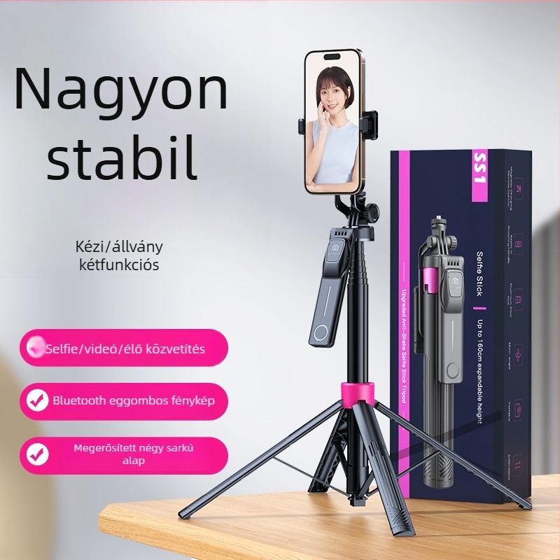 Bluetooth távirányítós mobiltelefon-tartó, teleszkópos selfie-stick és tripod, alumíniumötvözet, univerzális