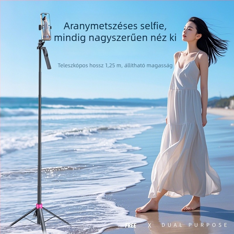Bluetooth távirányítós mobiltelefon-tartó, teleszkópos selfie-stick és tripod, alumíniumötvözet, univerzális