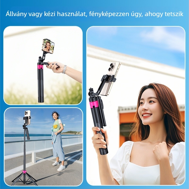 Bluetooth távirányítós mobiltelefon-tartó, teleszkópos selfie-stick és tripod, alumíniumötvözet, univerzális