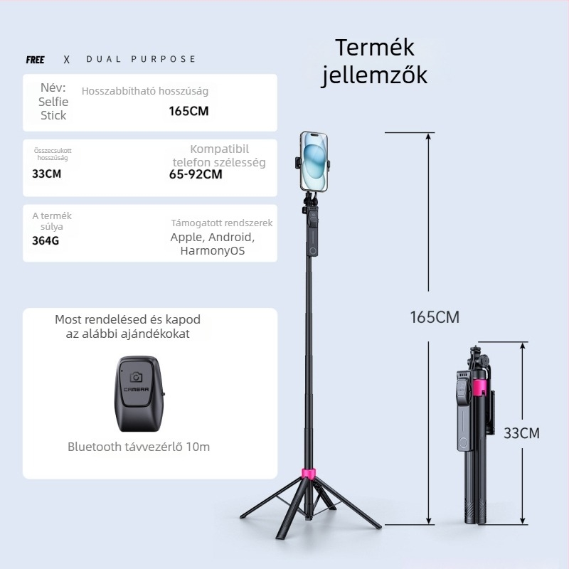 Bluetooth távirányítós mobiltelefon-tartó, teleszkópos selfie-stick és tripod, alumíniumötvözet, univerzális