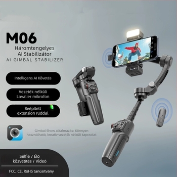 M06 háromtengelyes stabilizátor, összecsukható selfie pálca, Bluetooth távirányító, beépített képstabilizáció