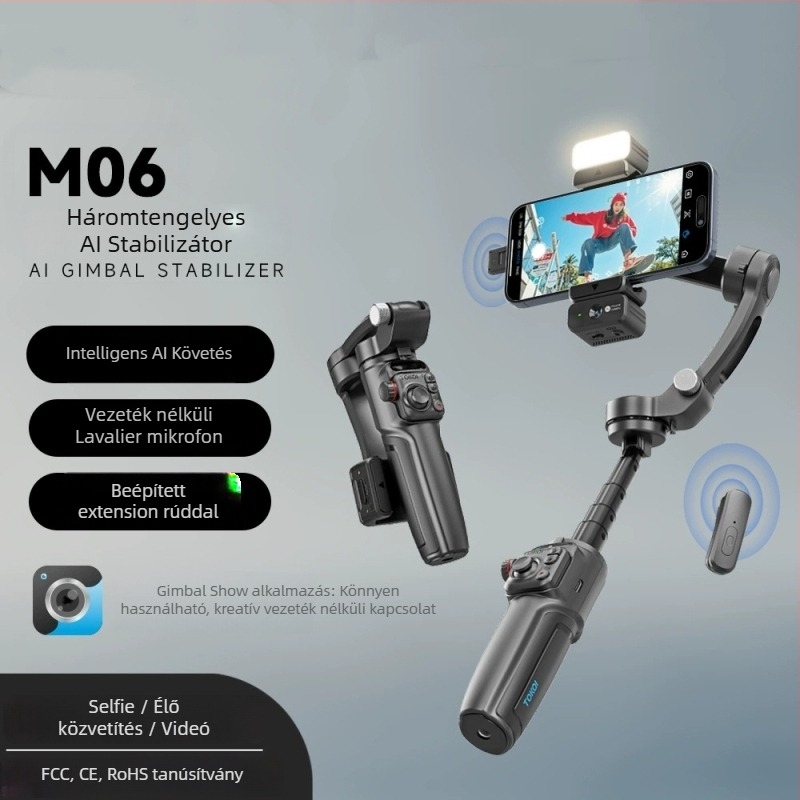 M06 háromtengelyes stabilizátor, összecsukható selfie pálca, Bluetooth távirányító, beépített képstabilizáció