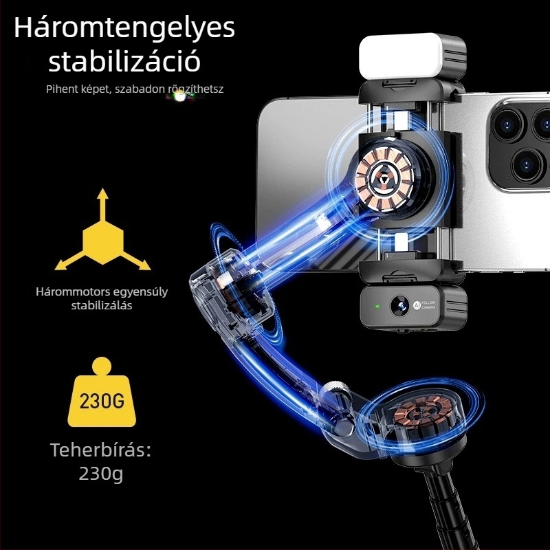 M06 háromtengelyes stabilizátor, összecsukható selfie pálca, Bluetooth távirányító, beépített képstabilizáció