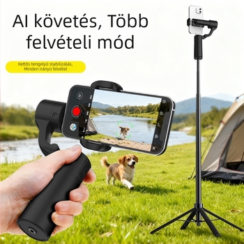 Két-tengelyes kézi gimball stabilizátor kinyíló selfie bottal, AI követés, Bluetooth, távirányító, ötvözet test