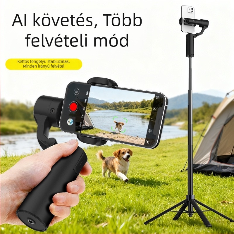 Két-tengelyes kézi gimball stabilizátor kinyíló selfie bottal, AI követés, Bluetooth, távirányító, ötvözet test