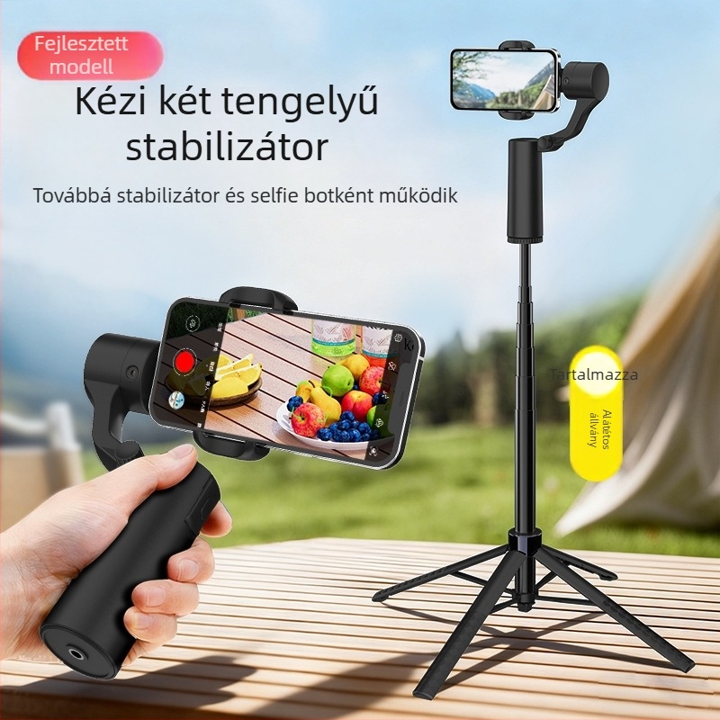 Két-tengelyes kézi gimball stabilizátor kinyíló selfie bottal, AI követés, Bluetooth, távirányító, ötvözet test