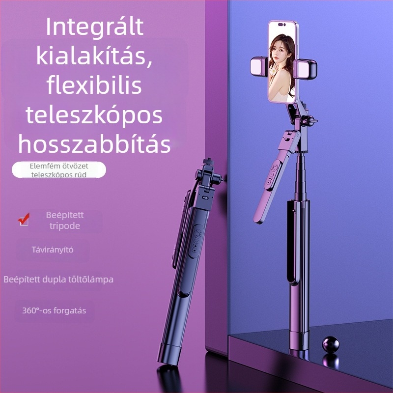 K30S Bluetooth Selfie Pálca Kézi Stabilizátorral és Padlóra Állvánnyal, Ötvözetből, Anti‑Remegés, Töltő Fény