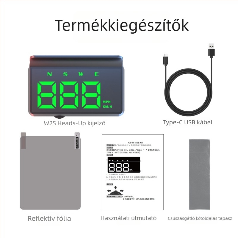 Autó HUD kijelző – modell W2s-green, USB tápegység, 100 g, univerzális minden modellhez