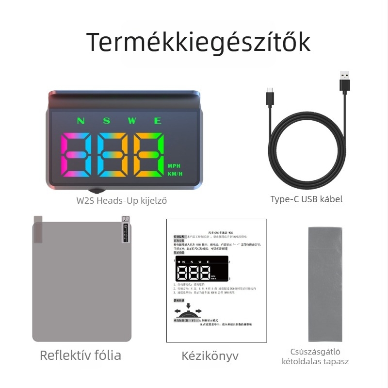 Autó HUD kijelző – modell W2s-green, USB tápegység, 100 g, univerzális minden modellhez
