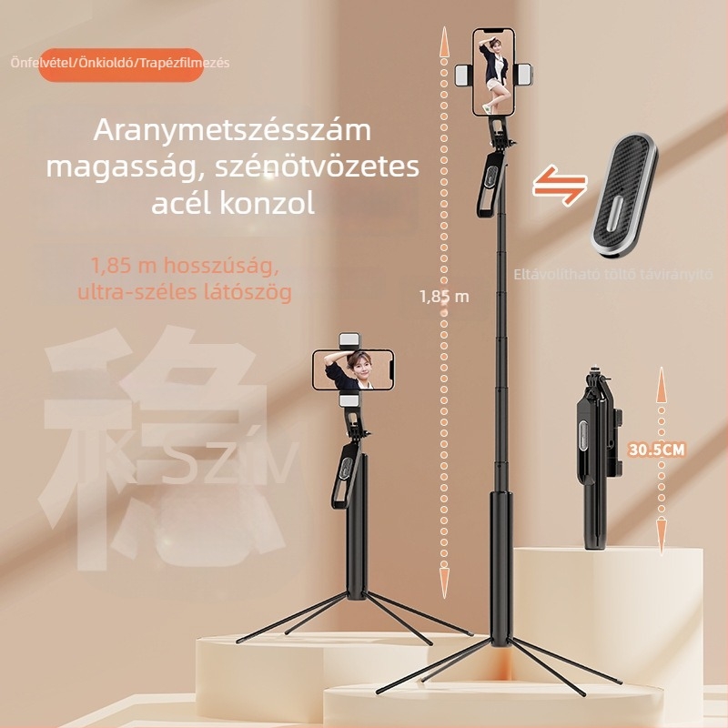 P530 fém selfie pálca háromlábú állvánnyal, Bluetooth távirányítóval, stabilizátorral és világítással