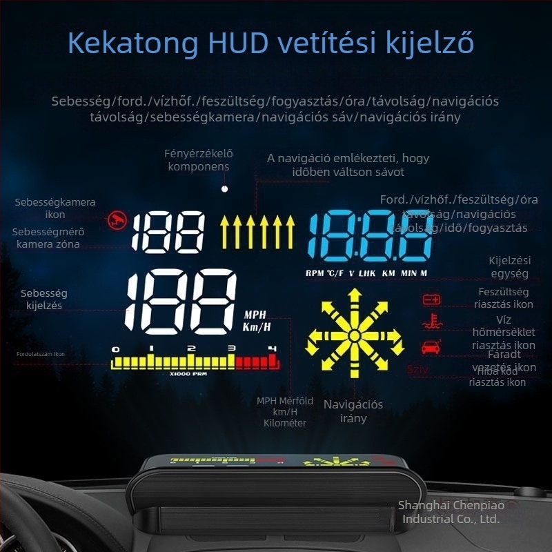 Univerzális autó HUD HD OBD kijelző, lebegő projektor-kijelző, vezeték nélküli Bluetooth mikrofon