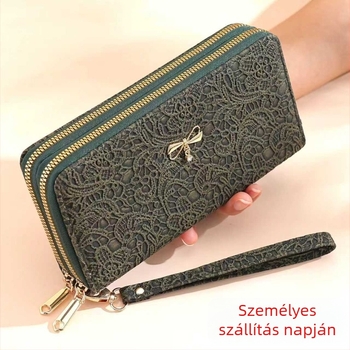 Női hosszú pénztárca, dupla cipzárral, nagy kapacitású (PU anyag, poliészter bélés, vízálló)
