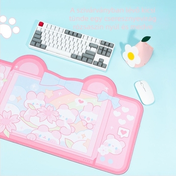 Gaming egérpad, nagy méretű, egyoldalas textil felülettel, Cartoon Cherry Blossom Rabbit Bear dizájn, játékhoz és irodába
