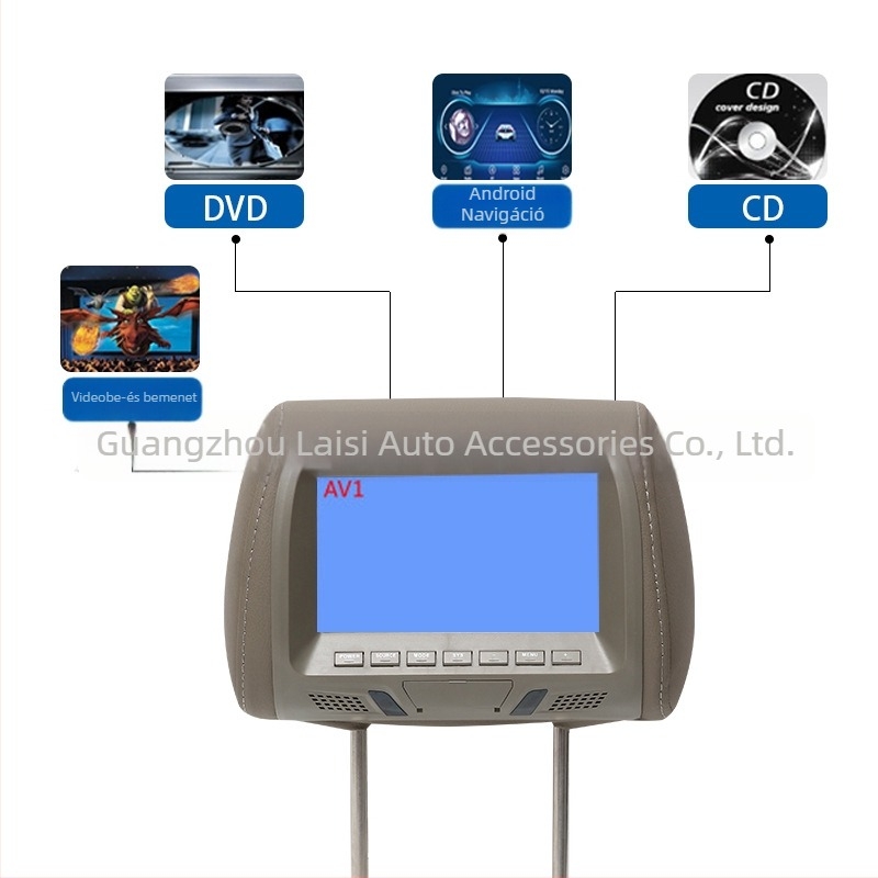 Autófejtámla monitor LCD kijelzővel, AV1/AV2 bemenetek, 800×480 felbontás, modell YL-733