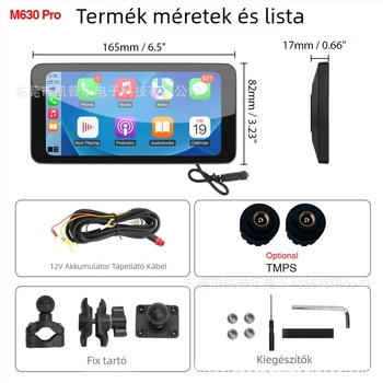 Lecsatolható motorker navigátor CarPlay és DVR-rel, modell M630pro, felbontás 1560x720, 150° látószög, SD kártya 64GB-ig, 12V bemenet