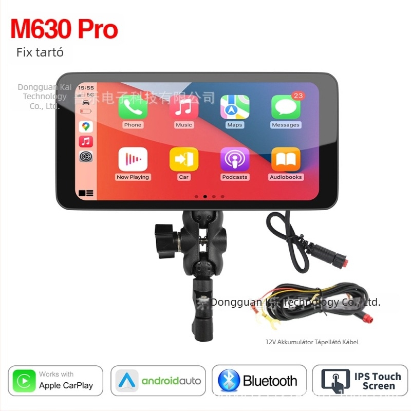 Lecsatolható motorker navigátor CarPlay és DVR-rel, modell M630pro, felbontás 1560x720, 150° látószög, SD kártya 64GB-ig, 12V bemenet