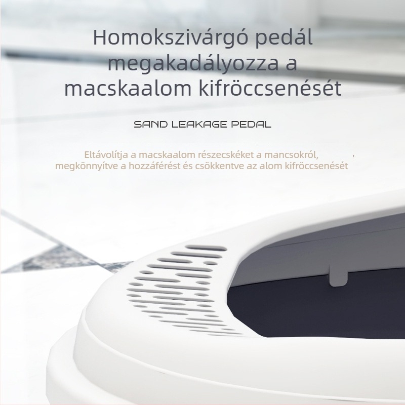 Félig zárt macskaalomtál, magasított falakkal, nagy méretű, szagellenőrzés, fröccsenés elleni védelem, tartalmaz macskaalomkanalat