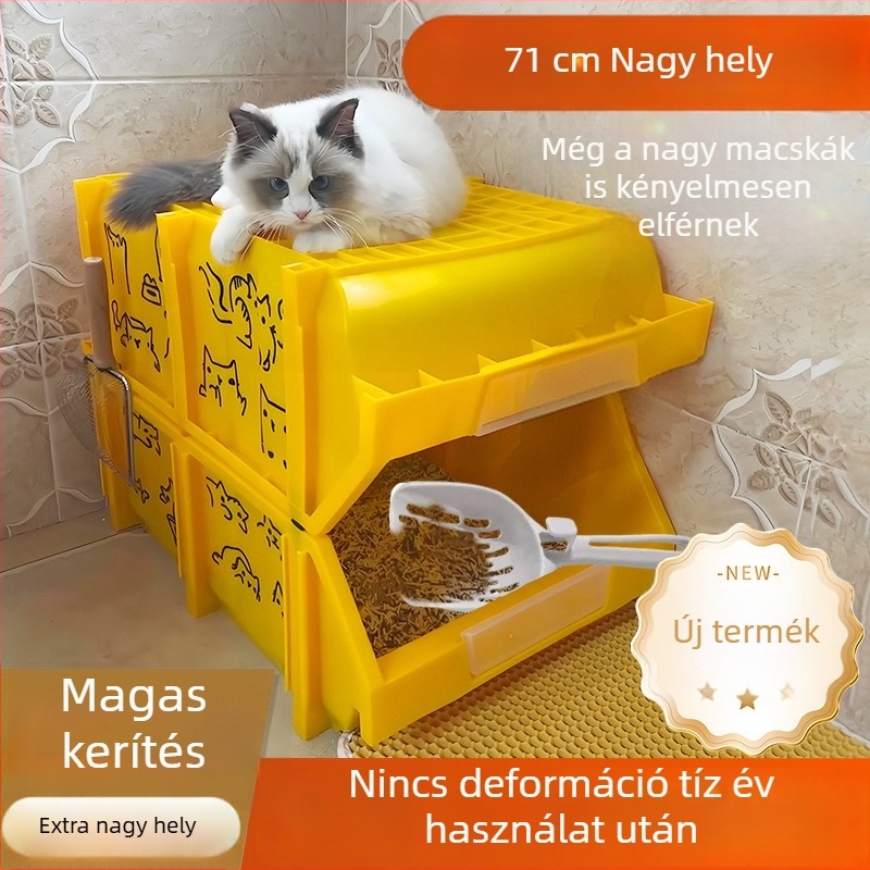Extra nagy macskaalom-tál, magasított és vastított falakkal, fröccsenés elleni nyílással, nyitott ferde szájú rekesz, macska- és kutyaszerszám tároló