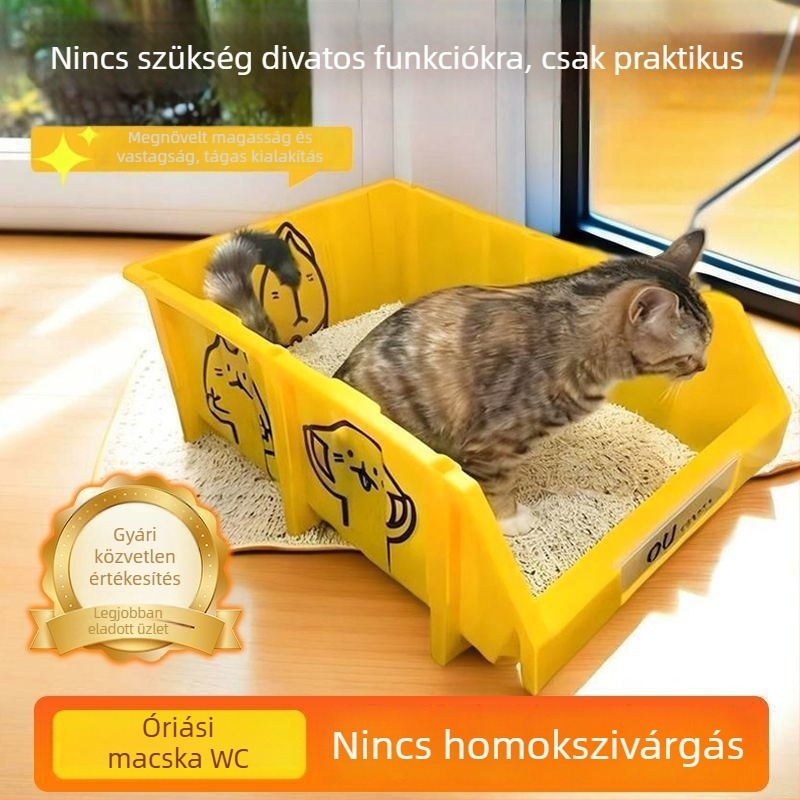 Extra nagy macskaalom-tál, magasított és vastított falakkal, fröccsenés elleni nyílással, nyitott ferde szájú rekesz, macska- és kutyaszerszám tároló